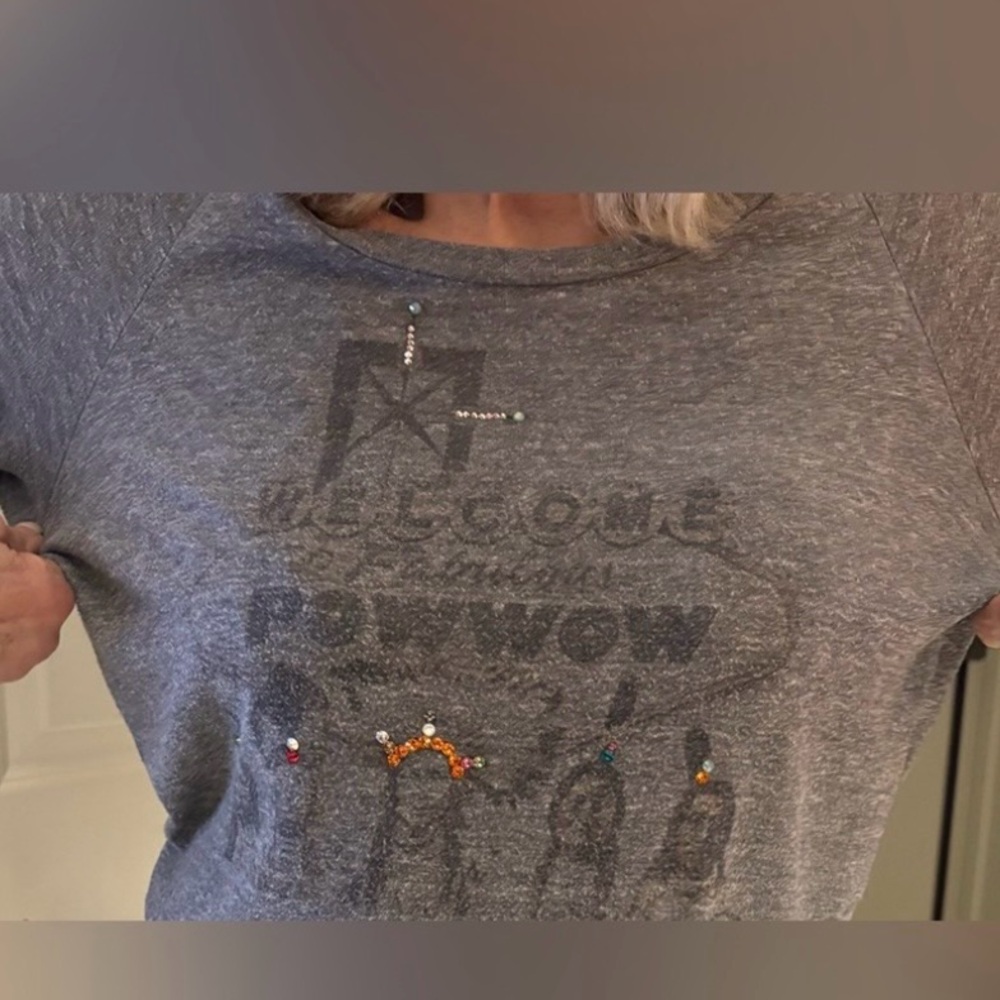 “A Powwow Welcome” Native American gray t-shirt embellished with rhinestones - Picture 14 of 15